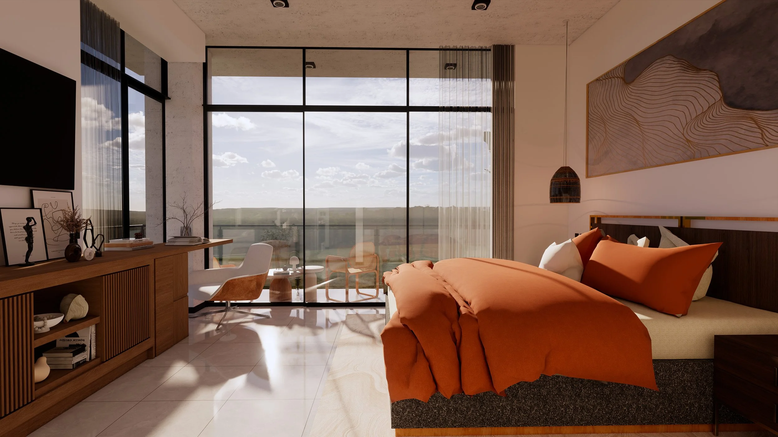 The Palm Haus Roatan - Modern living room with large glass windows overlooking a landscape, featuring a bed with orange bedding, wooden furniture, and decorative art on the walls.