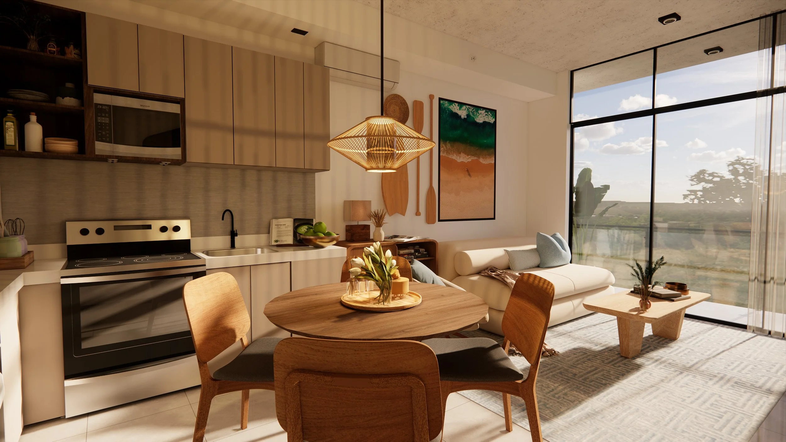 The Palm Haus Roatan - Modern open-concept living room and kitchen with large windows, a round wooden dining table, and a white sofa with pillows, decorated with wall art, plants, and a hanging light fixture.