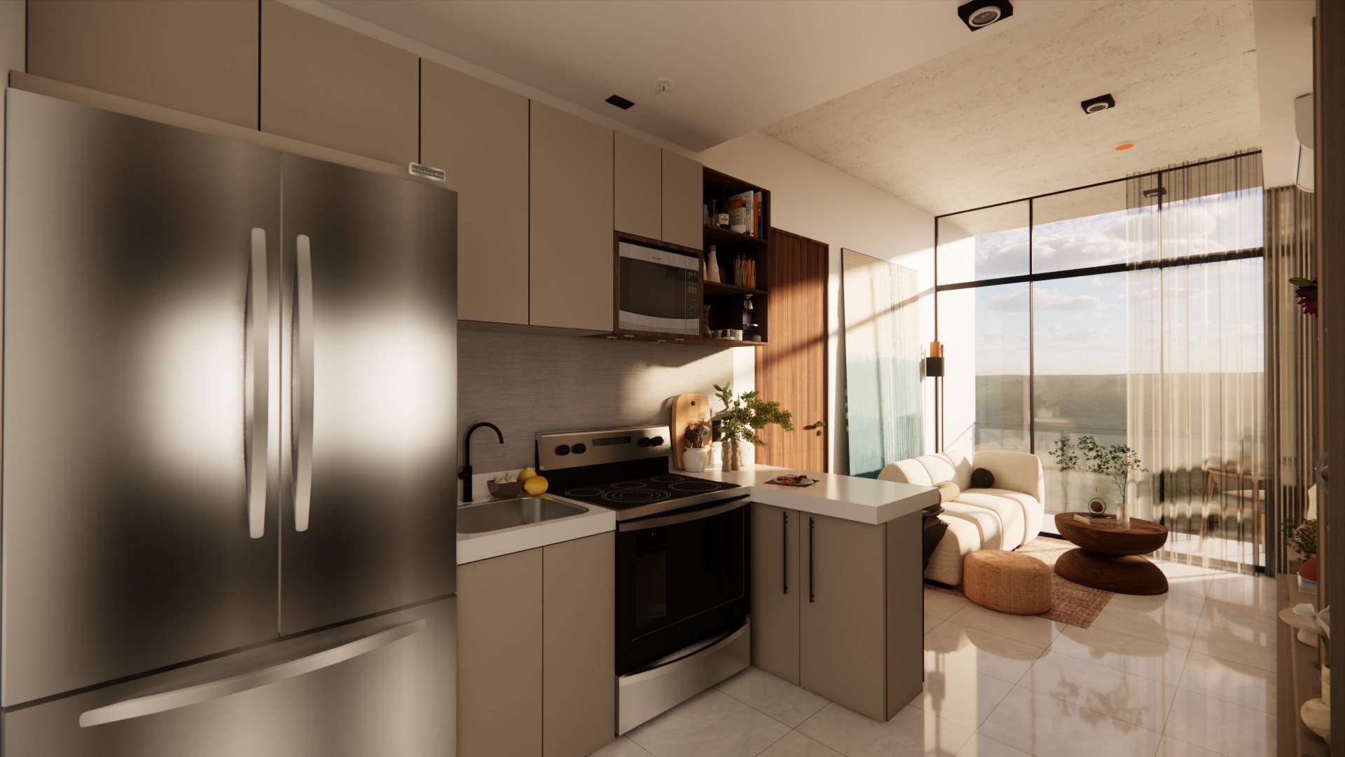 Modern kitchen with stainless steel refrigerator, beige cabinets, black stove, and open living space with large windows and a view of clouds and trees outside.
