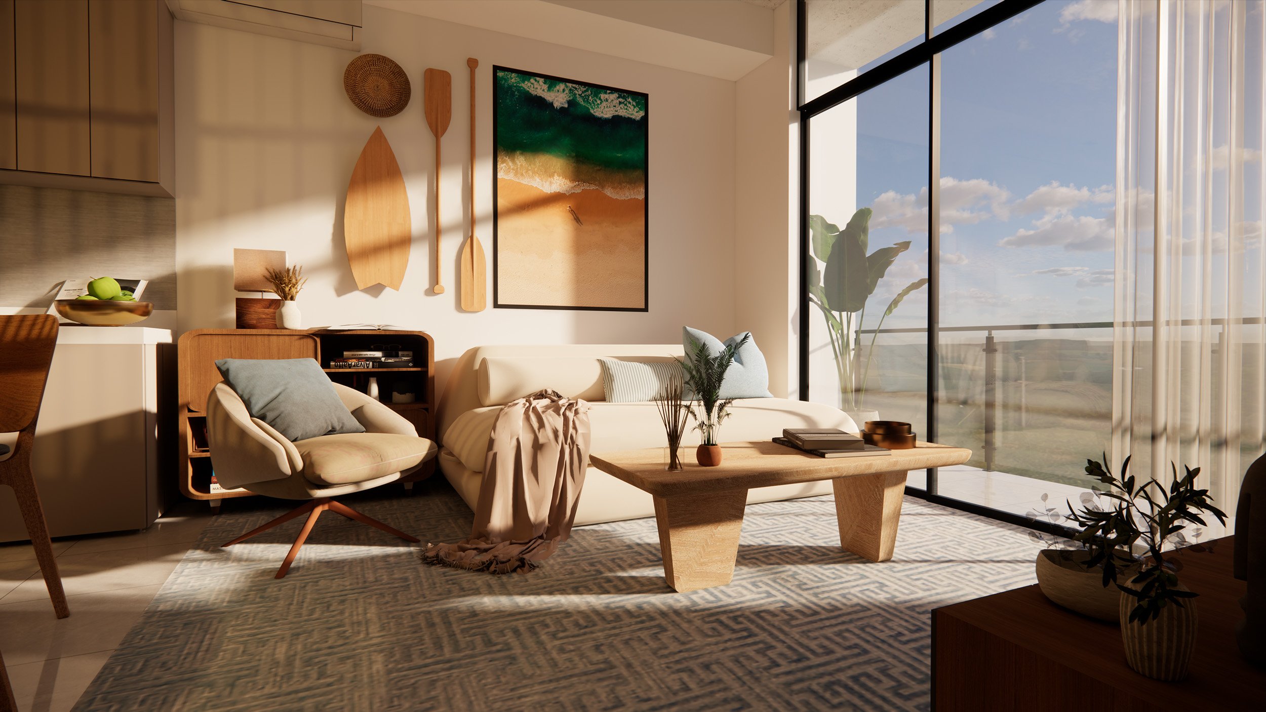 The Palm Haus Roatan - A modern living room with a large window showing a sunny sky and outdoor scenery, decorated with wood accents, a beige sofa with throw pillows, a wooden coffee table with plants and books, and wall art with beach themes.