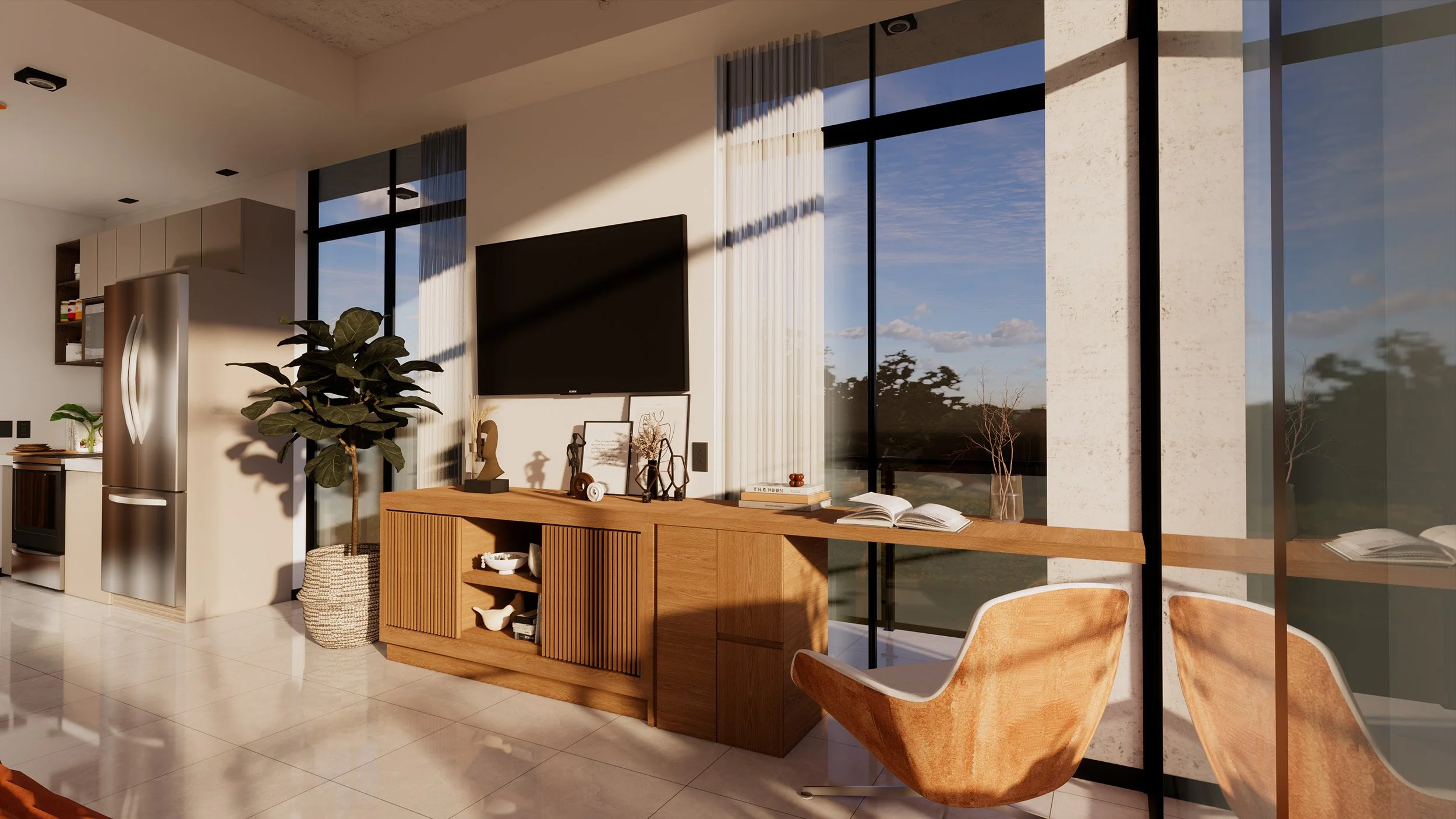 Modern living room with large floor-to-ceiling windows showing a blue sky and trees, a wooden sideboard with decorative items and books, a potted plant, and a beige chair.