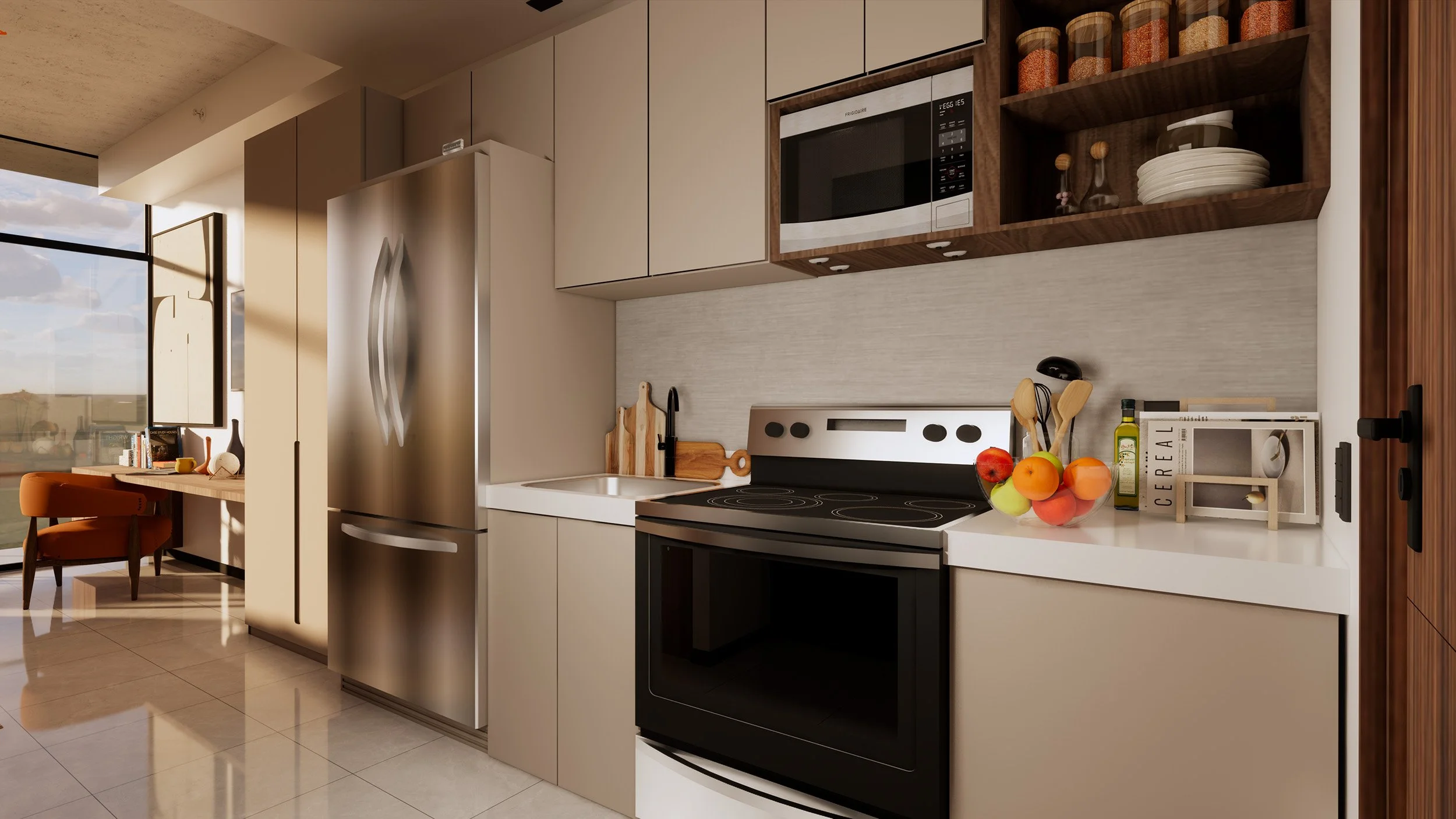 The Palm Haus Roatan - Modern kitchen with stainless steel refrigerator, microwave, and black electric stove. Countertop features a bowl of fruit, olive oil, and kitchen utensils. Cabinets are a mix of beige and wood finish, with open shelves holding