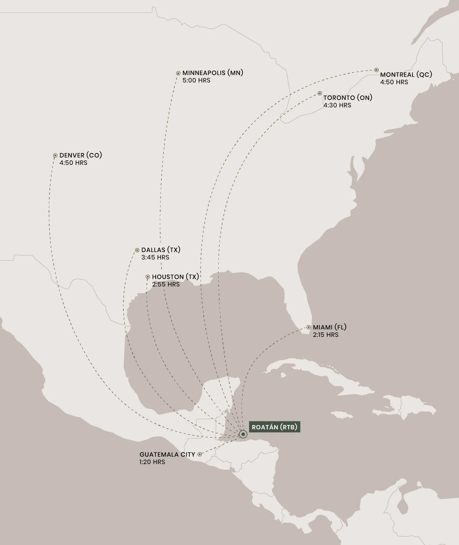Map showing flight routes across North America and Central America, with estimated departure and arrival times at various cities, including Minneapolis, Denver, Dallas, Houston, Miami, Montreal, Toronto, and Roatán.