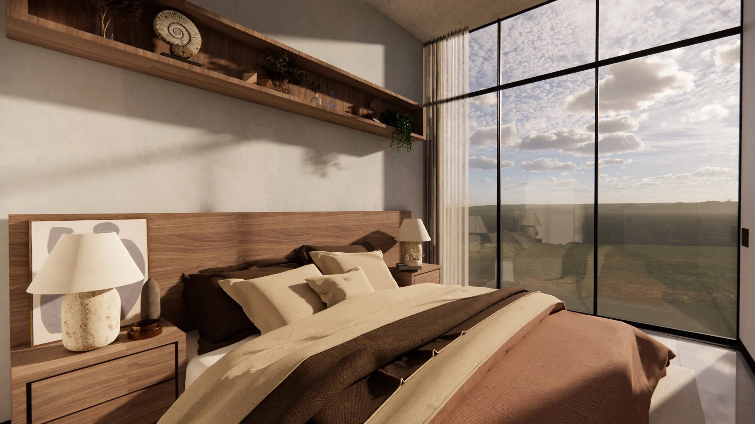 The Palm Haus Roatan - Modern bedroom with large floor-to-ceiling windows showing a scenic landscape and blue sky with clouds, wooden headboard, bedside lamps, and decorative shelving.