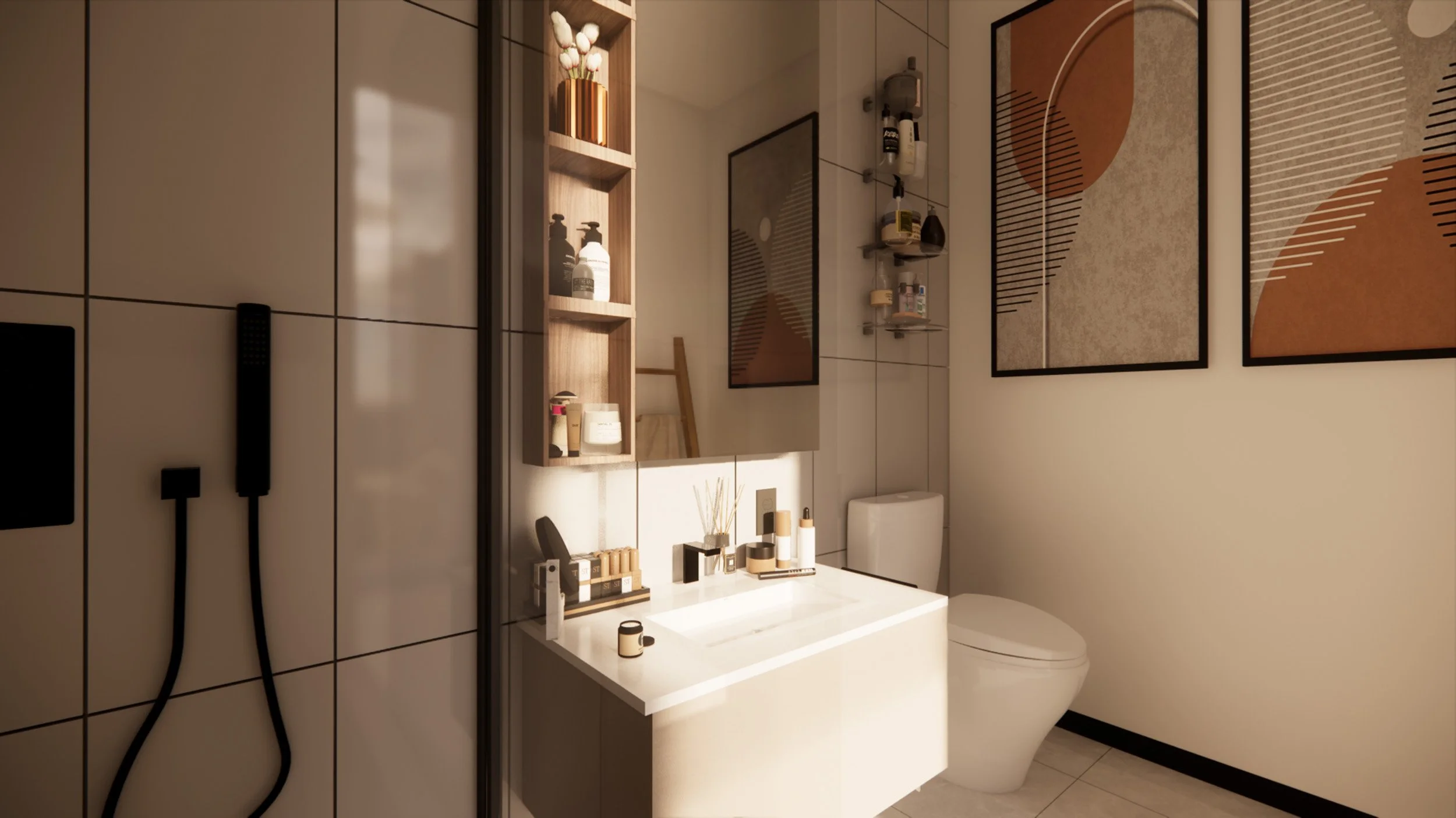 Modern bathroom with white tiled walls, a white sink, small black decor items, a toilet, and abstract wall art with earthy colors.