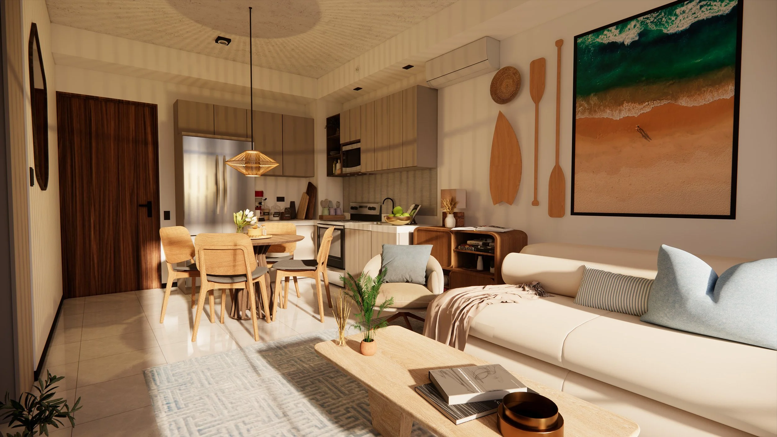 Interior of a modern living room and kitchen area with wooden furniture, a large wall art of a beach scene, and natural light.