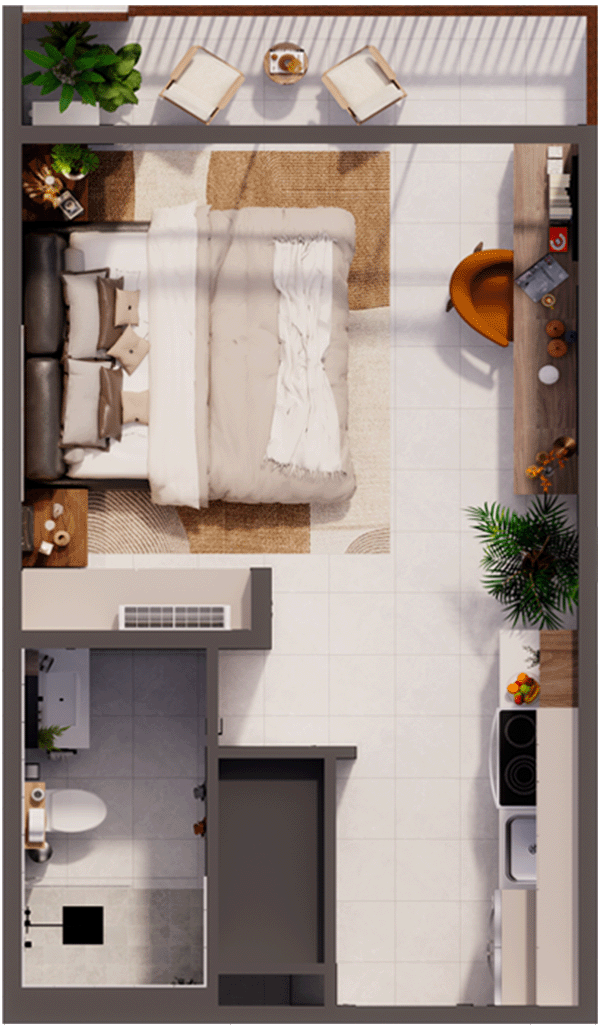 Top-down view of a small apartment with a bedroom, living area, kitchen, and bathroom. The bedroom has a bed with pillows, small nightstands, and a plant. The living area includes a desk with an orange chair and shelves with decor. The kitchen has a stove and sink, and the bathroom contains a toilet and small vanity.