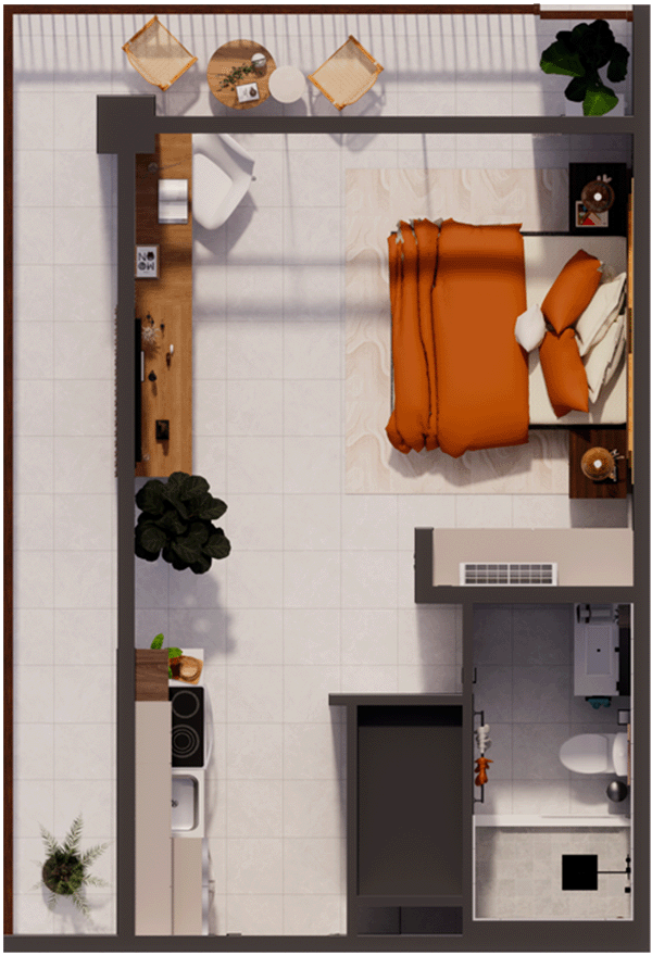 Top-down view of a small apartment with a bedroom, kitchen, and bathroom. The bedroom has an orange bed with pillows, a nightstand, and a plant. The kitchen includes a stove, sink, and countertop with items, and there is a small sitting area with two chairs and a table outside. The bathroom contains a toilet and a shower.