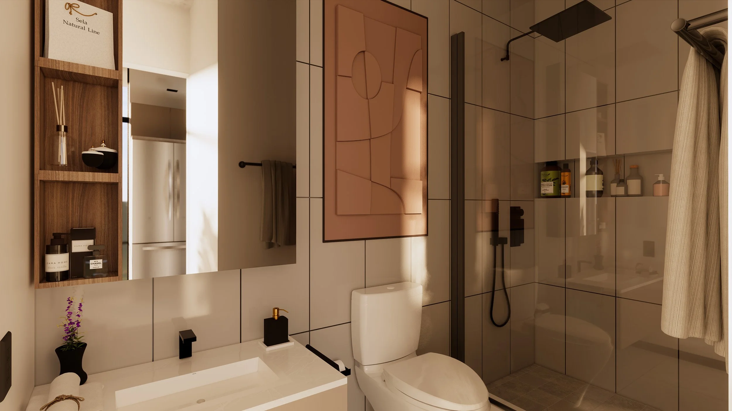 The Palm Haus Roatan -  Modern bathroom with a wall-mounted mirror, pink abstract artwork, white toilet, and a shower with glass enclosure and black fixtures. Neutral colored tiles, beige curtain, and storage shelves with toiletries.