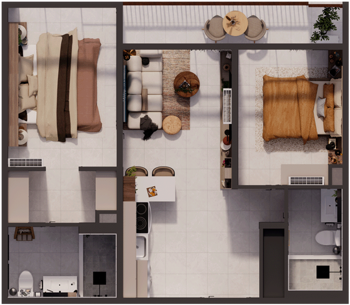 Top-down view of a modern apartment with two bedrooms, a living room, a kitchen, and a bathroom.