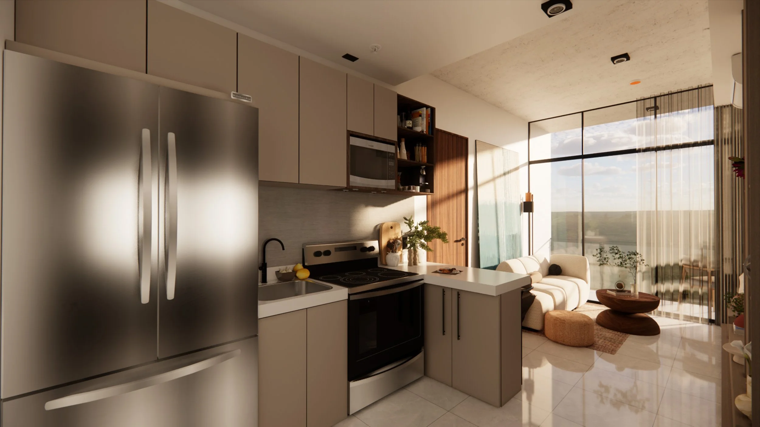 The Palm Haus Roatan - Modern kitchen with stainless steel refrigerator, built-in microwave, black oven, white cabinetry, and a breakfast bar with lemons. Adjacent living space features large windows with sheer curtains, a white sofa, a small round w