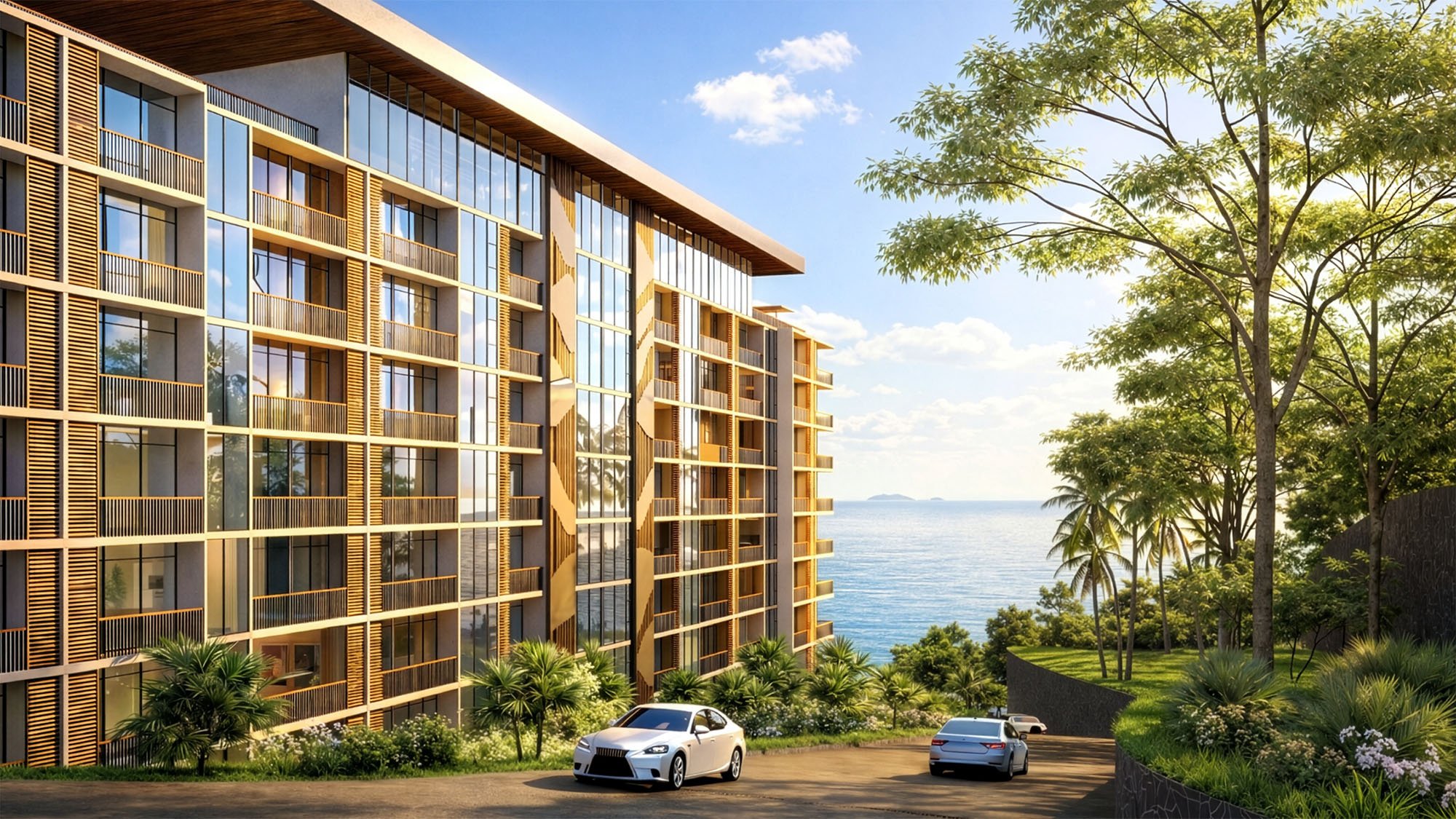 The Palm Haus Roatan - Modern multi-story building with glass windows and wooden accents, overlooking the ocean with trees and parking lot in the foreground.