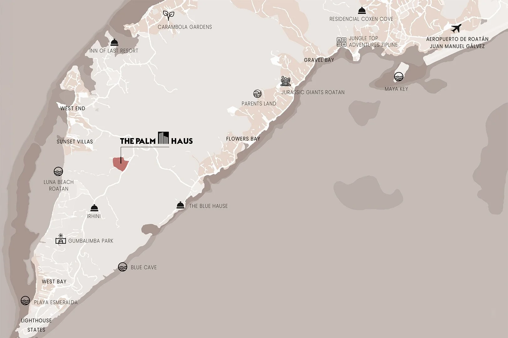The Palm Haus Roatan - Map of places near the building in Roatán, Honduras.