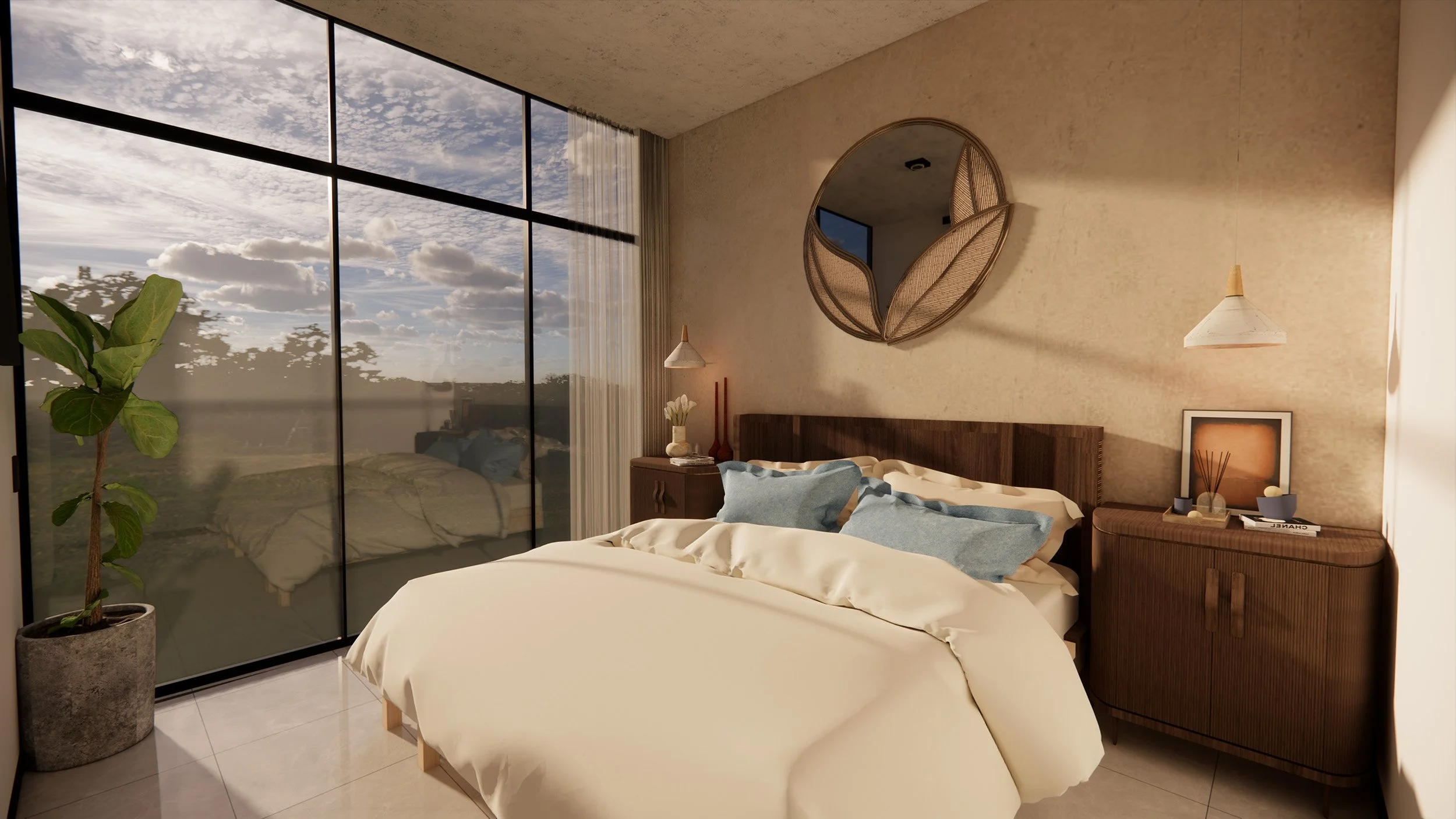Modern bedroom with large floor-to-ceiling windows showing a cloudy sky, a potted plant, a wooden bed with white and blue bedding, a round mirror on the wall, and a wooden dresser with decorative items.