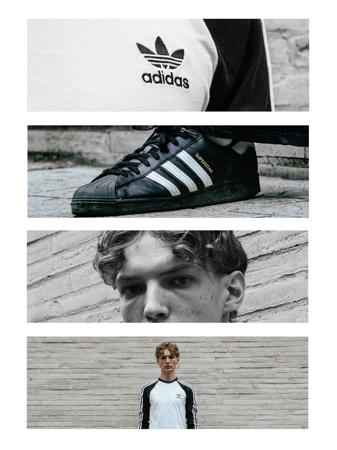 A collage of four images showing a person in casual athletic wear. The top image displays an Adidas logo on a shirt, the second shows black Adidas Superstars sneakers, the third is a close-up black-and-white photo of a young man’s face, and the bottom image features the young man standing in front of a brick wall wearing a white Adidas shirt with black Adidas stripes.