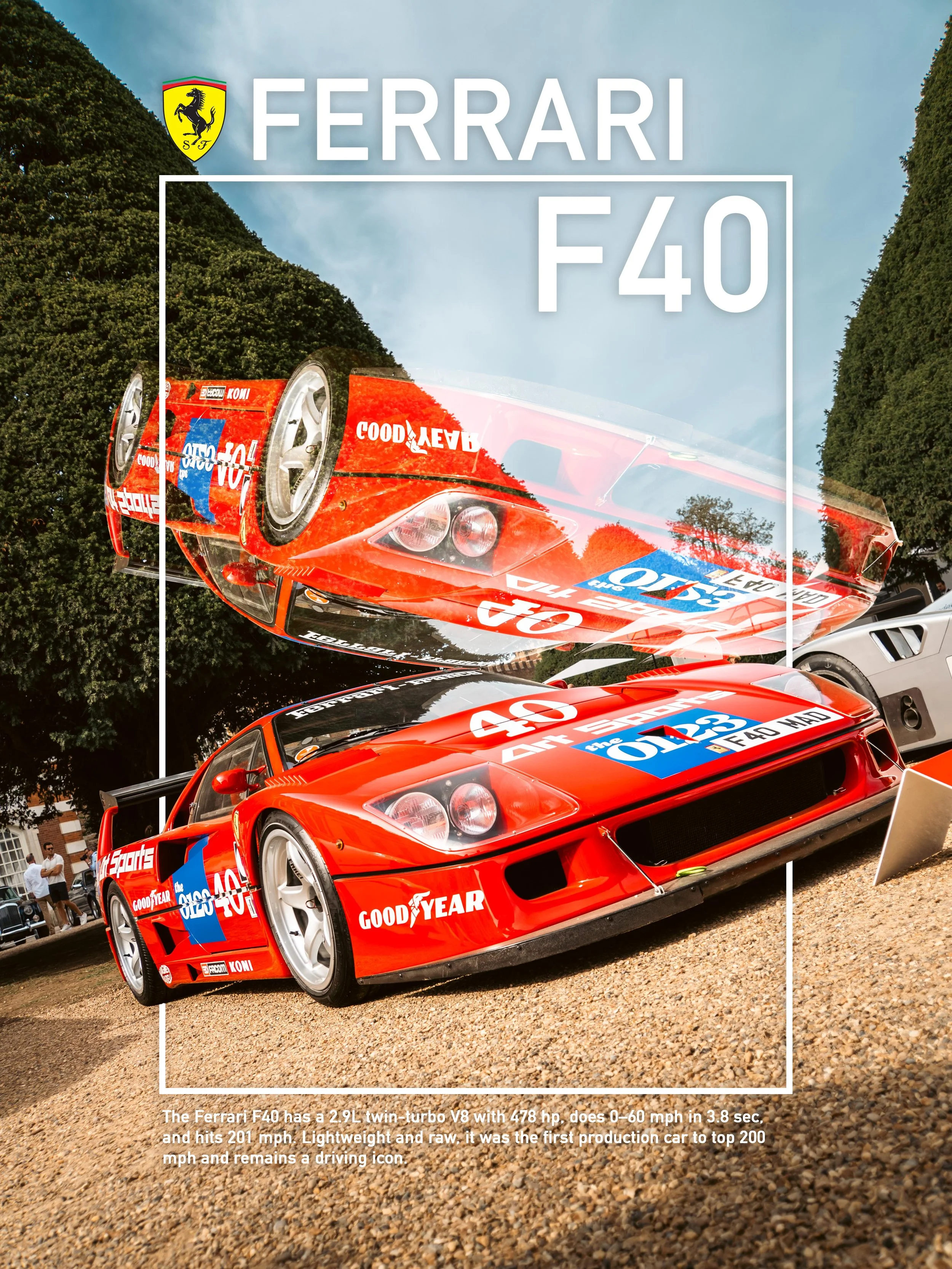 A red Ferrari F40 race car with sponsor decals, parked on a gravel surface, with trees and a building in the background.