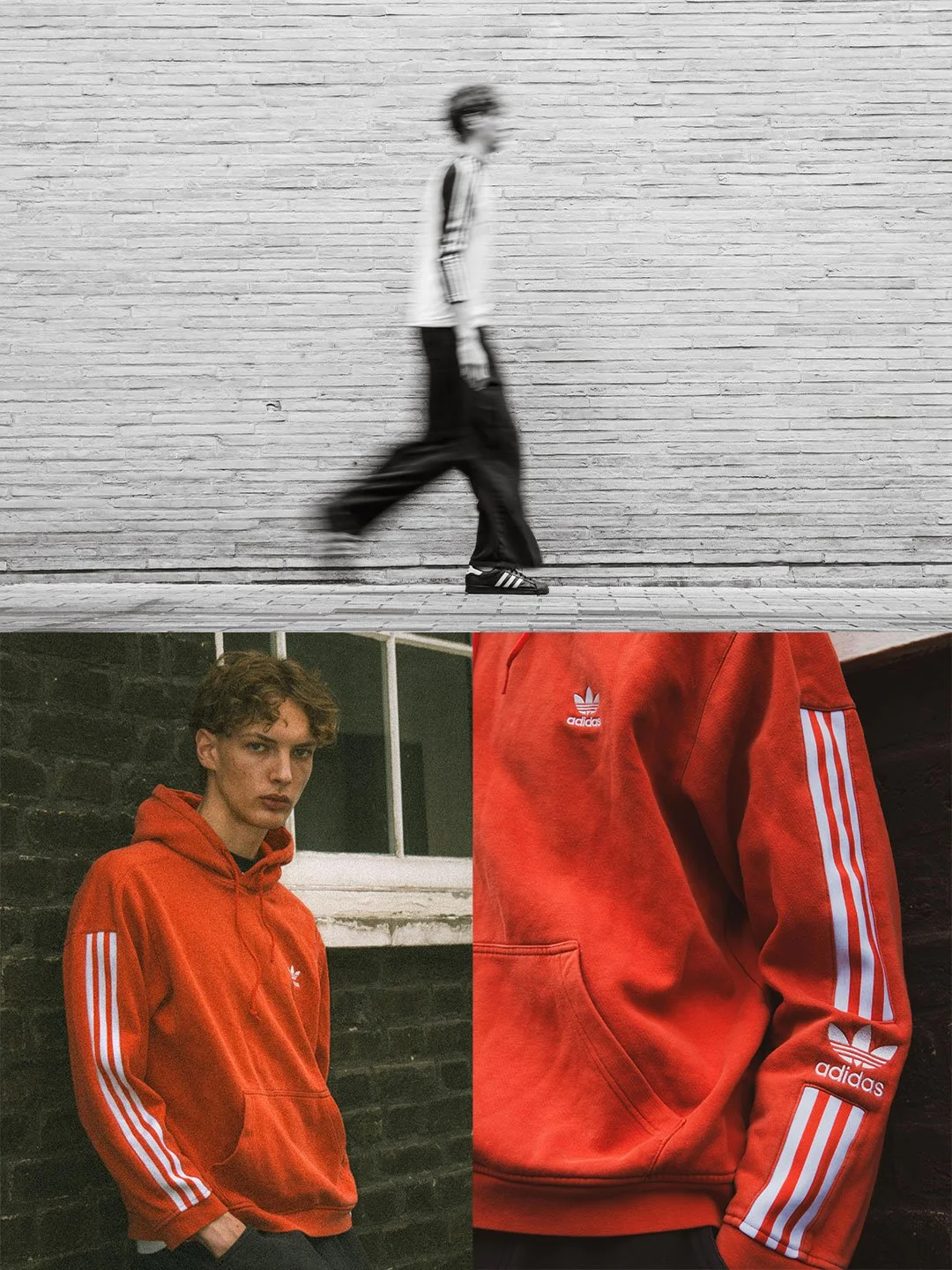 A collage of three images: the top black-and-white photo shows a person walking past a brick wall, with motion blur; the bottom left color photo shows a young man with curly hair wearing a red Adidas hoodie with white stripes on the sleeves, standing against a black brick wall; the bottom right close-up features the red hoodie together with Adidas logo and stripes.