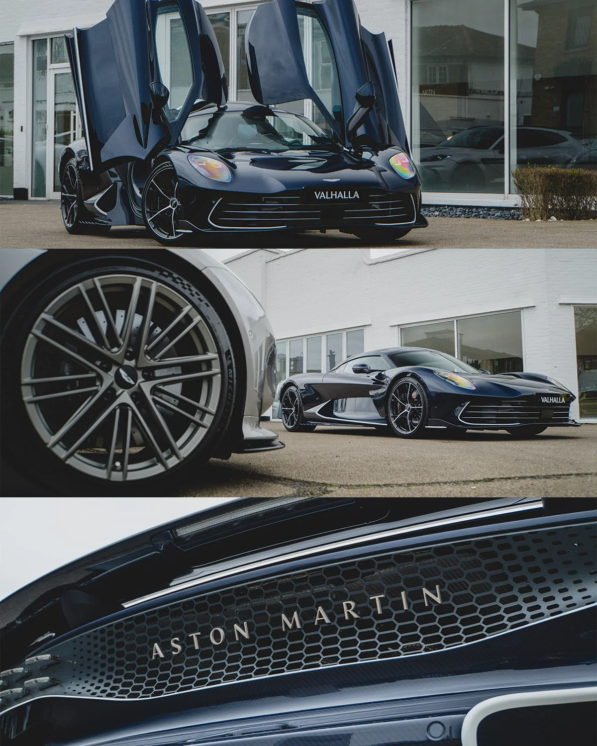 A black Aston Martin sports car with its gullwing doors open, parked outside a modern building with large windows. Close-up of a silver wheel and a detailed view of the grille with the Aston Martin logo.