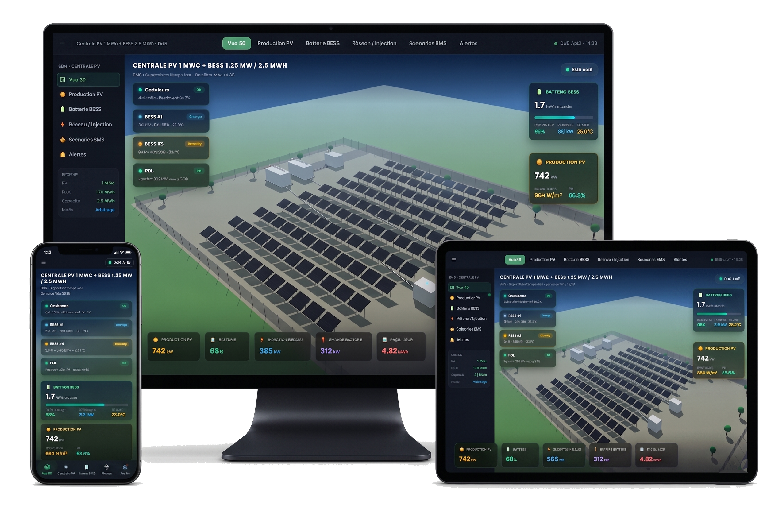 Gestion de centrale photovoltaïque application, graphiques et données techniques sur la production d'énergie solaire.