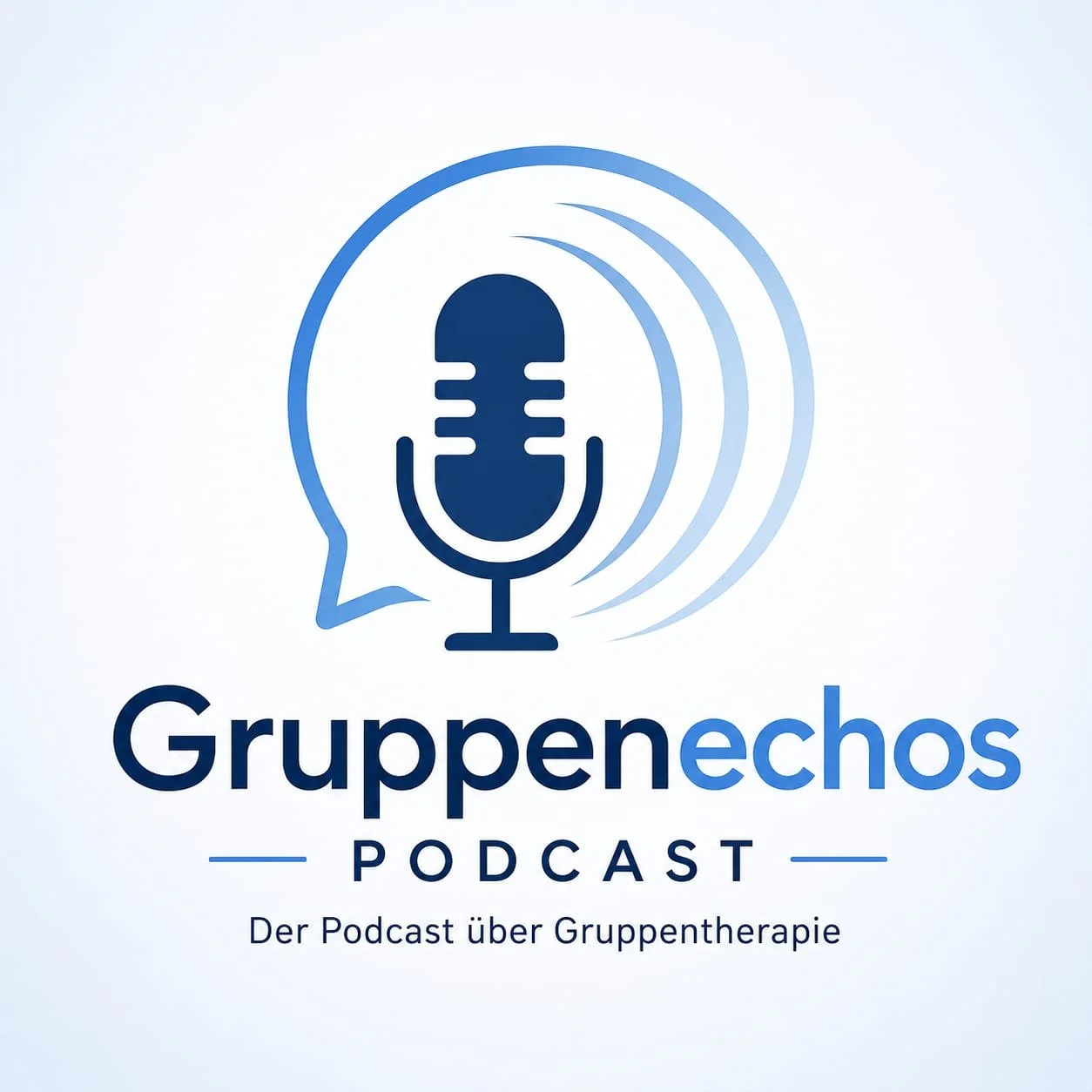 Logo des Gruppencho Podcast mit einem Mikrofon, das wie ein Kopf mit Sprechblase aussieht, und die Aufschrift 'Gruppenchios Podcast' sowie 'Der Podcast über Gruppentherapie'.