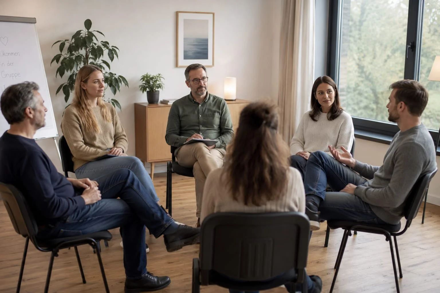 Sieben Personen in einem Kreis, die an einem Meeting teilnehmen. Einige sitzen in einem hellen, modern eingerichteten Raum mit großen Fenstern und Holzboden.