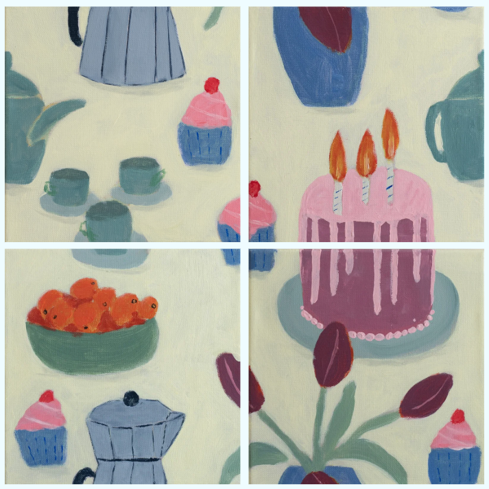 Birthday Tea, 2026
Four 20x20cm canvases. Acrylic on Canvas. Unframed £450