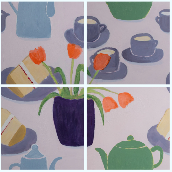 Tea in Bloom, 2026
Four 10"x10" panels. Acrylic on Wooden Cradle Panels. Unframed £595