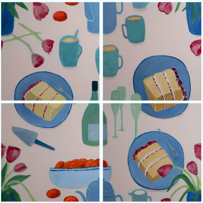 Fizz with Friends. Four 50x50cm deep-edge canvases. Acrylic on Canvas. Unframed. £1,850