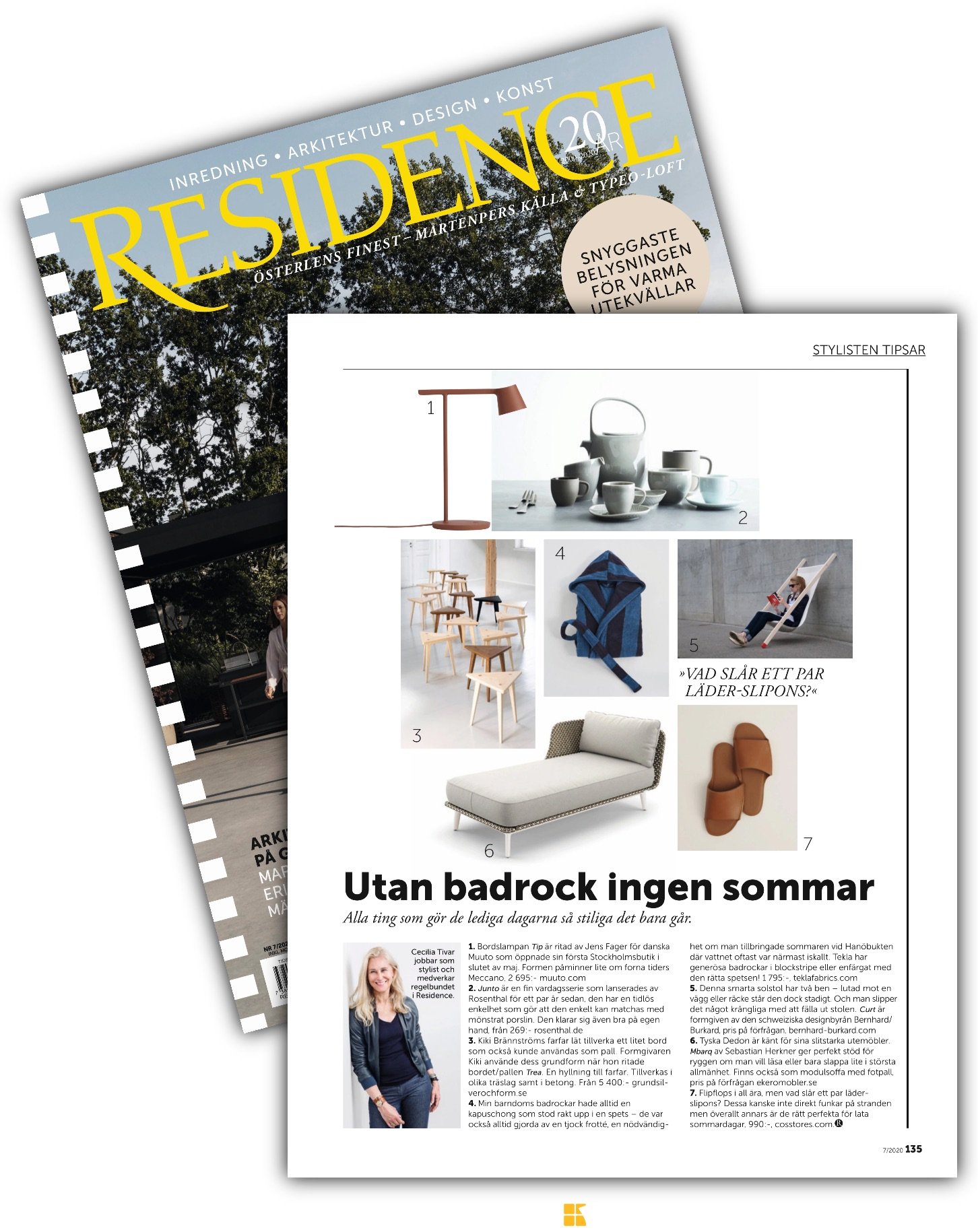 Omslag av tidskriftet Residence med fokus på inomhusdesign och möbler, samt ett av artiklarna som handlar om sommar utan badrock.