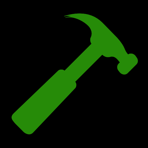 Green hammer icon on black background.