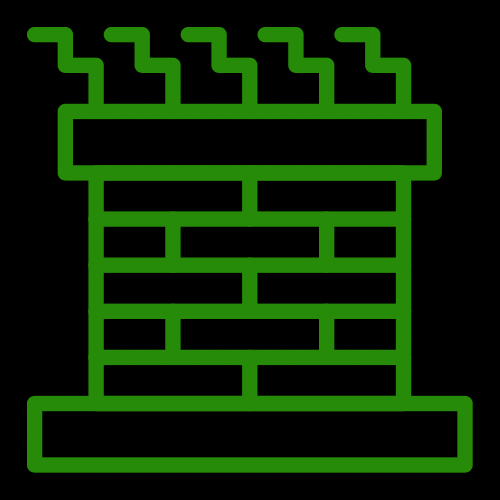 A green outline of a chimney with smoke coming out against a black background.