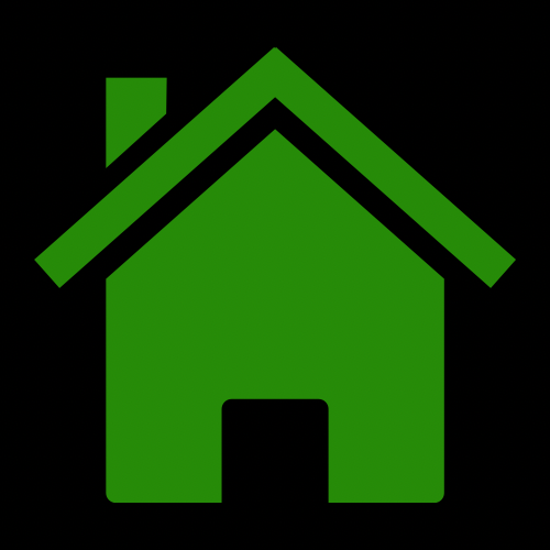 Green house icon with a chimney on a black background.