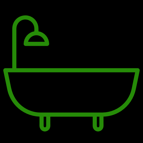 Green line drawing of a bathtub with a showerhead attached.