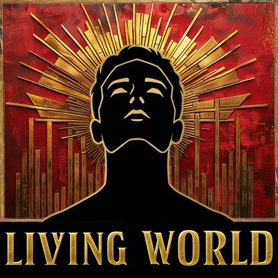 Silhouette of a person's face with a glowing halo and golden rays radiating behind, against a red background, with the words "Living World" in gold at the bottom.
