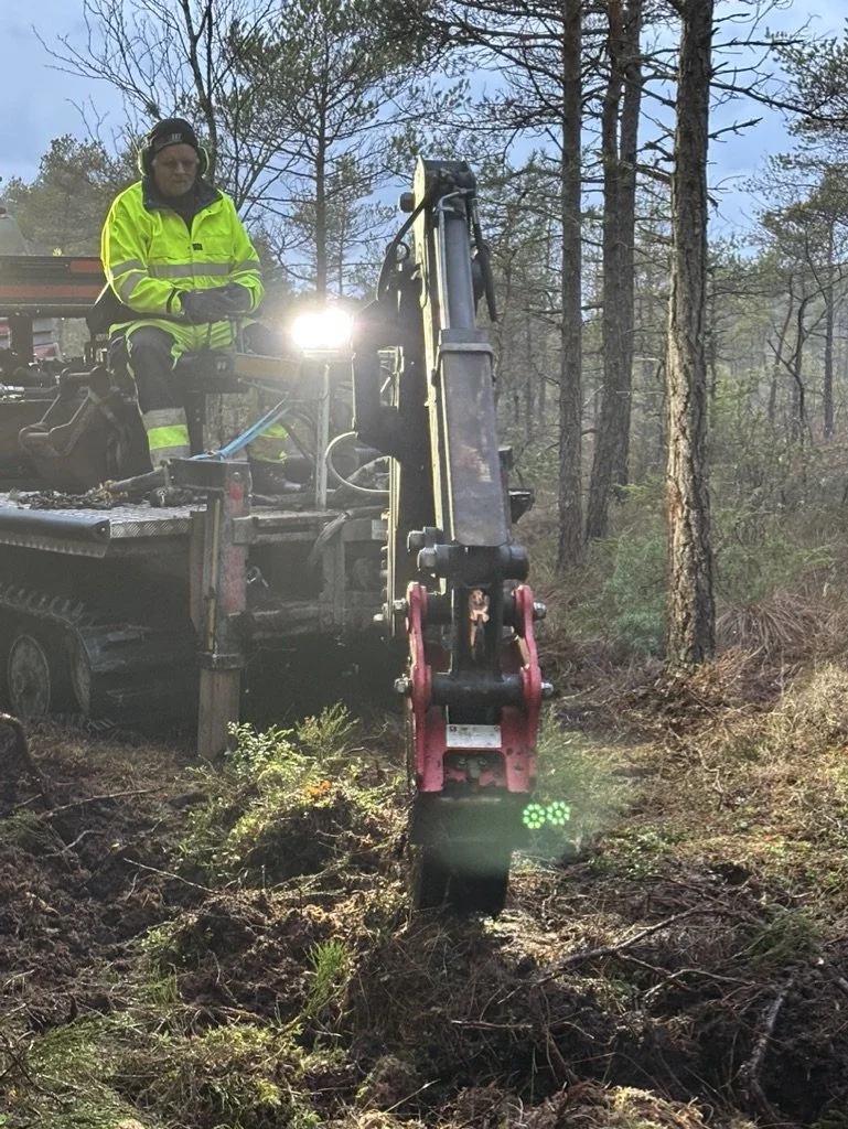 En person i hög synlighetströja och hörlurar sitter på en liten skogsmaskin med kranarm, som använder en liten grävmaskin för att gräva i skogsterräng. Det är dag och träden är ganska glesa.