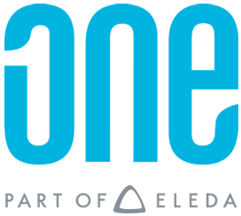 Logotyp för Eleda med blå och grå text.