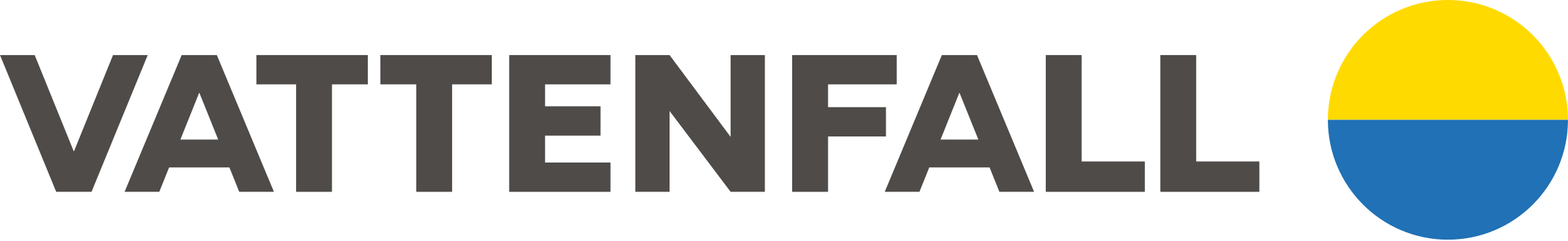 Logotyp för Vattenfall med svart text och en cirkel som är delad i gult och blått