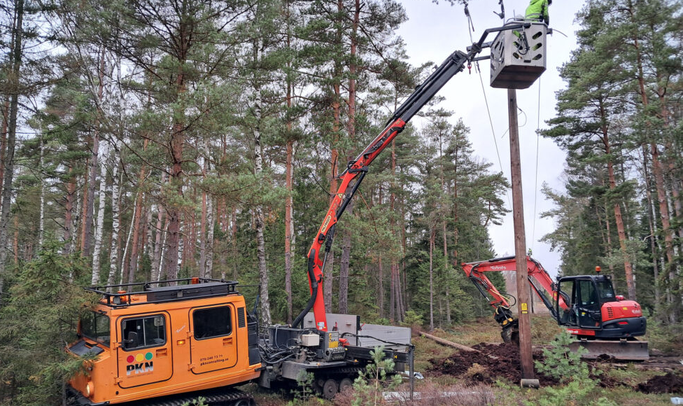 Skogshygglikt arbete med trädstolpe, träd och maskiner i skogsmiljö.