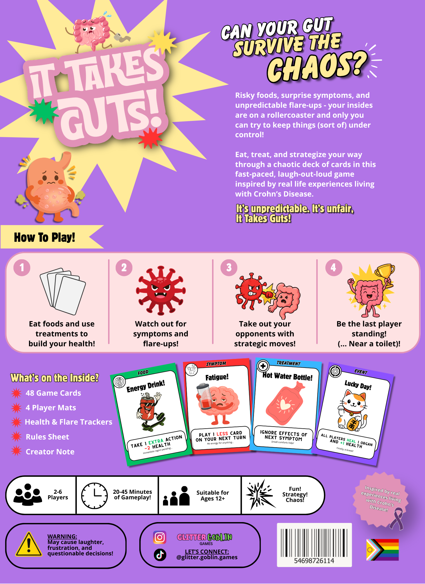 Back of a game box titled 'It Takes Guts!' with cartoon characters depicting a gut and bacteria, colorful game cards, and rules for playing a chaotic strategy game about managing Crohn's Disease symptoms.