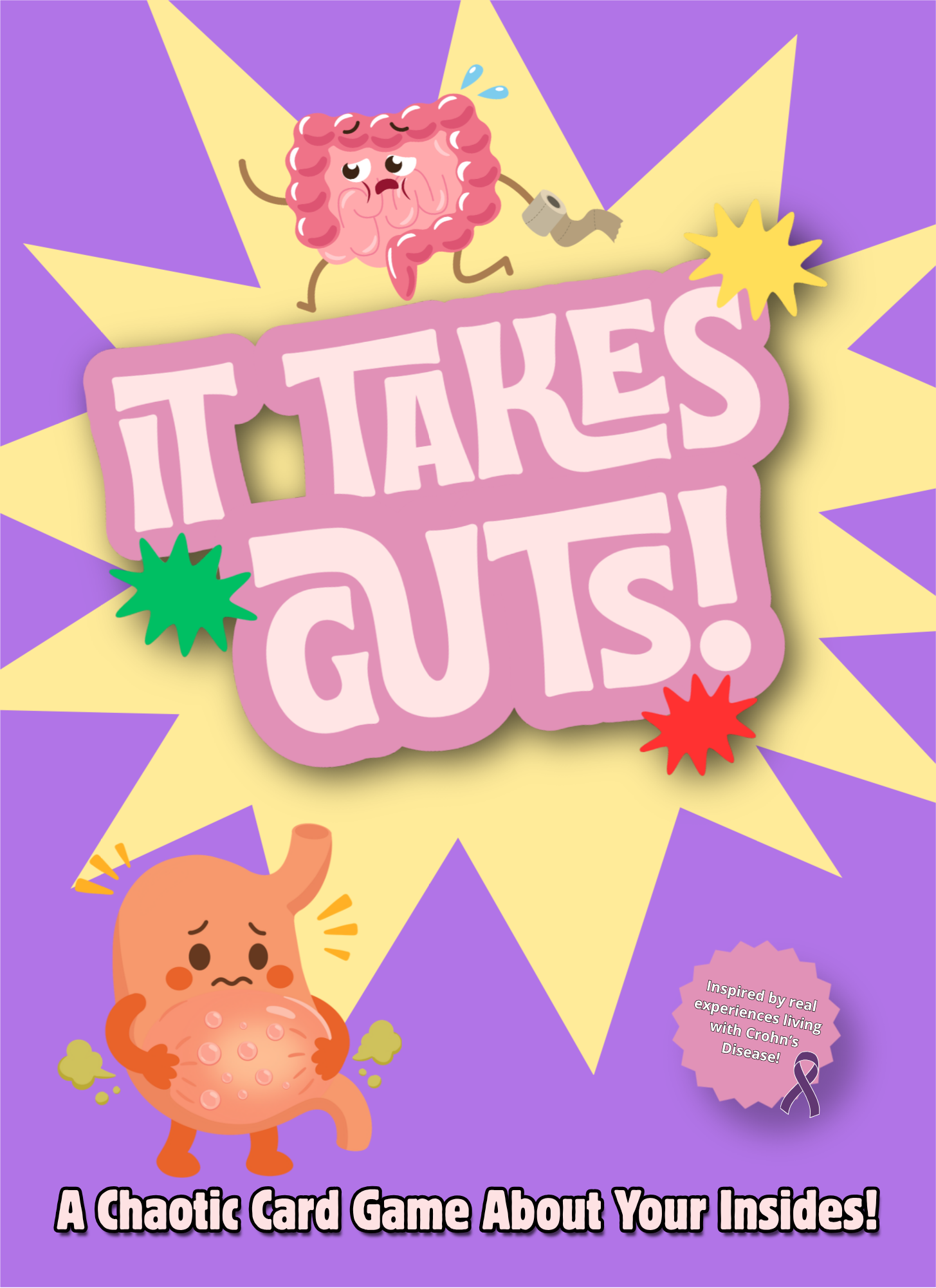 Colorful chaotic card game cover featuring a cartoon illustration of a distressed intestine mascot with a bandage, a worried stomach character, with bright purple and yellow background, and the title 'Takes Guts!' in large pink letters. Additional text indicates it is inspired by real experiences living with Crohn's Disease.