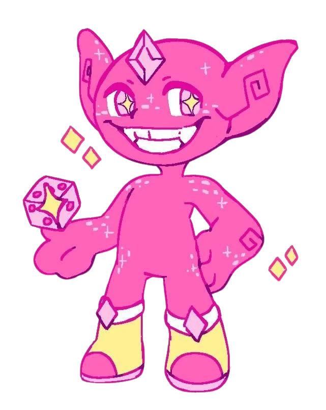 Pink cartoon creature with large ears, smiling with a wide grin, holding a magic crystal in one hand, sparkles around, wearing yellow shoes.