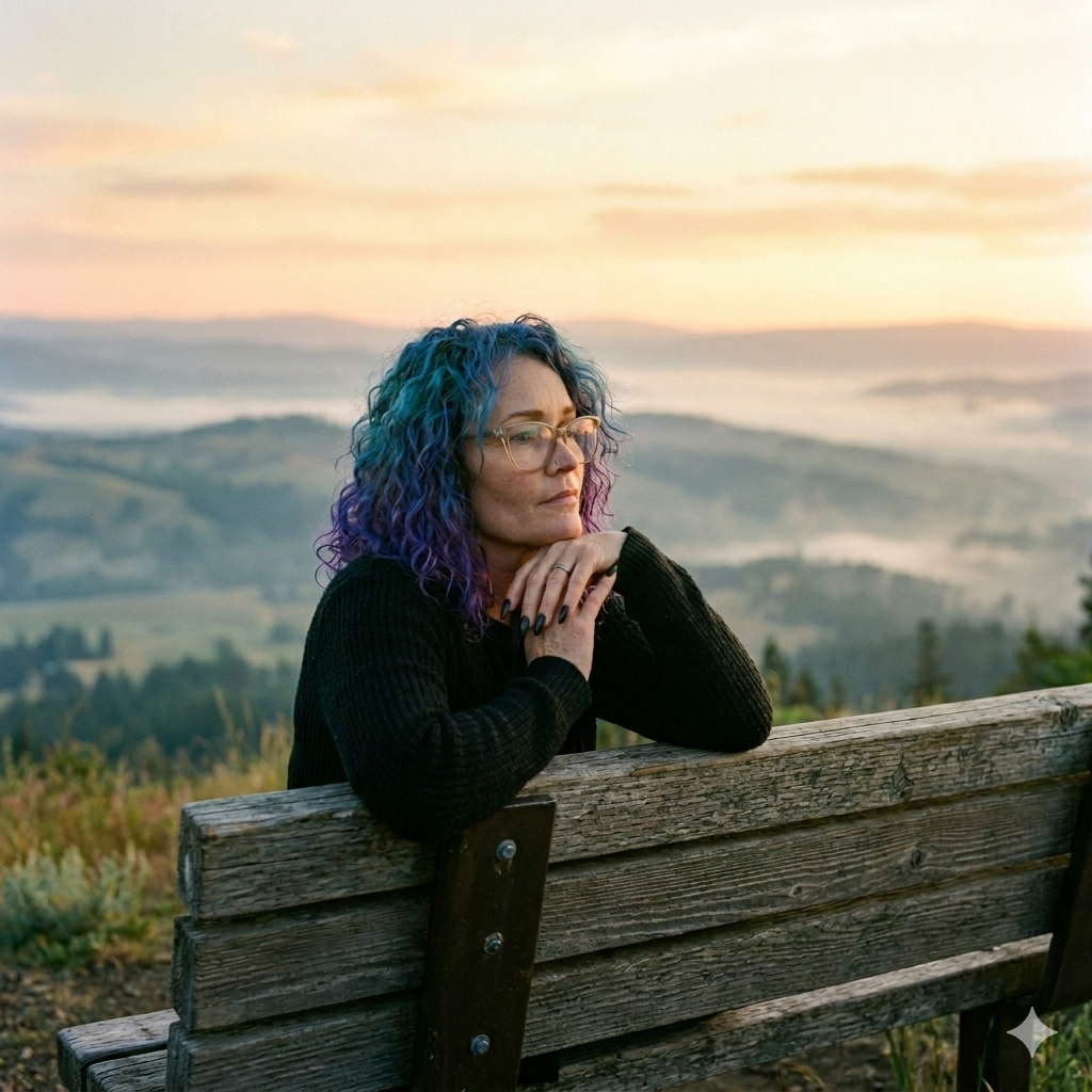 A woman with curly, multicolored hair (blue and purple) wearing glasses and a black sweater, sitting on a wooden park bench with her chin resting on her hands, looking contemplative. The background features a scenic landscape of rolling hills at sunrise or sunset with mist in the valleys.