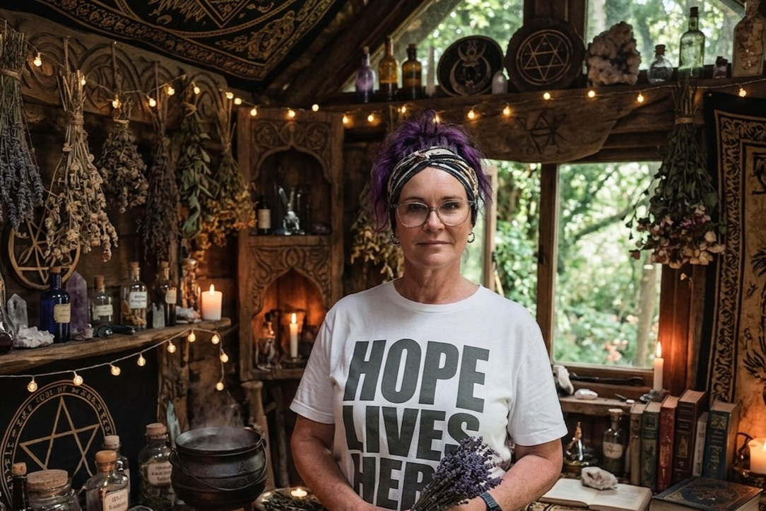 A photo of Nic with purple hair and a black and white hairband. Nic is holding a sprig of lavender and is standing in what looks like a witches kitchen. Nic is wearing a white t-shirt that say "Hope Lives Here" on the front