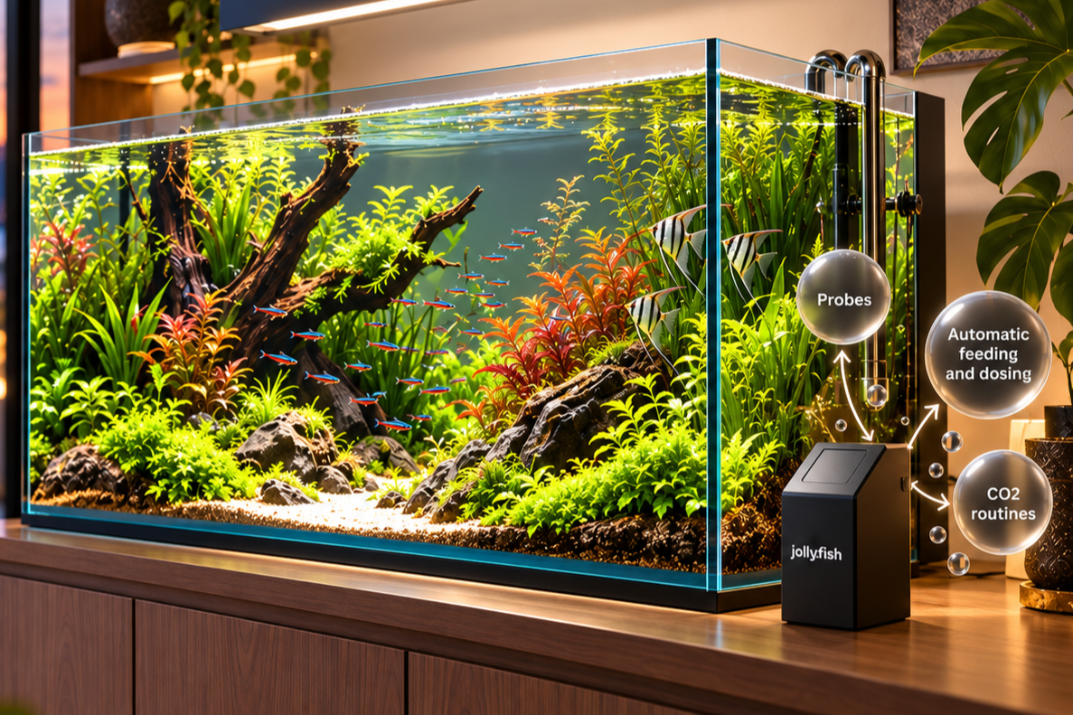 Large planted aquarium with fish, rocks and AquaMaestro control modules beside the tank.