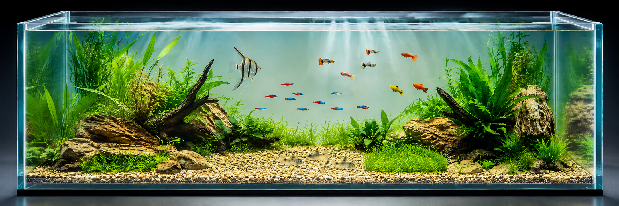 Freshwater aquarium with various colorful fish, green aquatic plants, rocks, and driftwood.