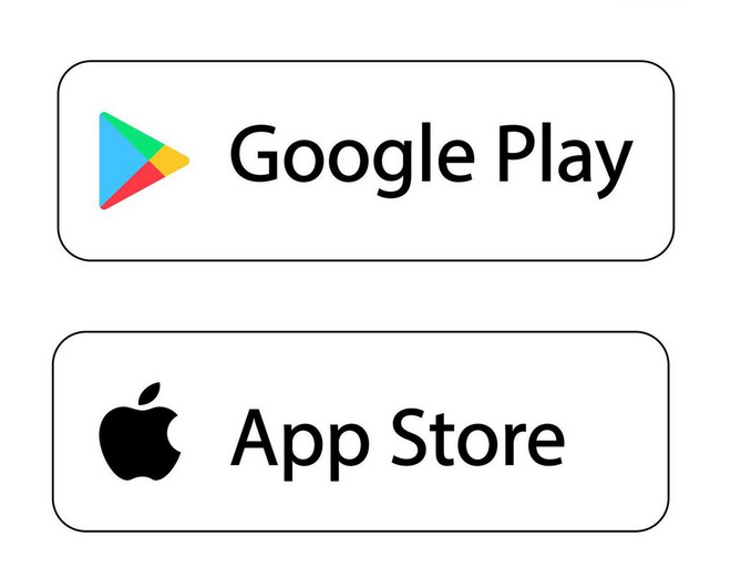 Image showing two app store buttons: Google Play with its logo and App Store with the Apple logo, both in rectangles with rounded corners.