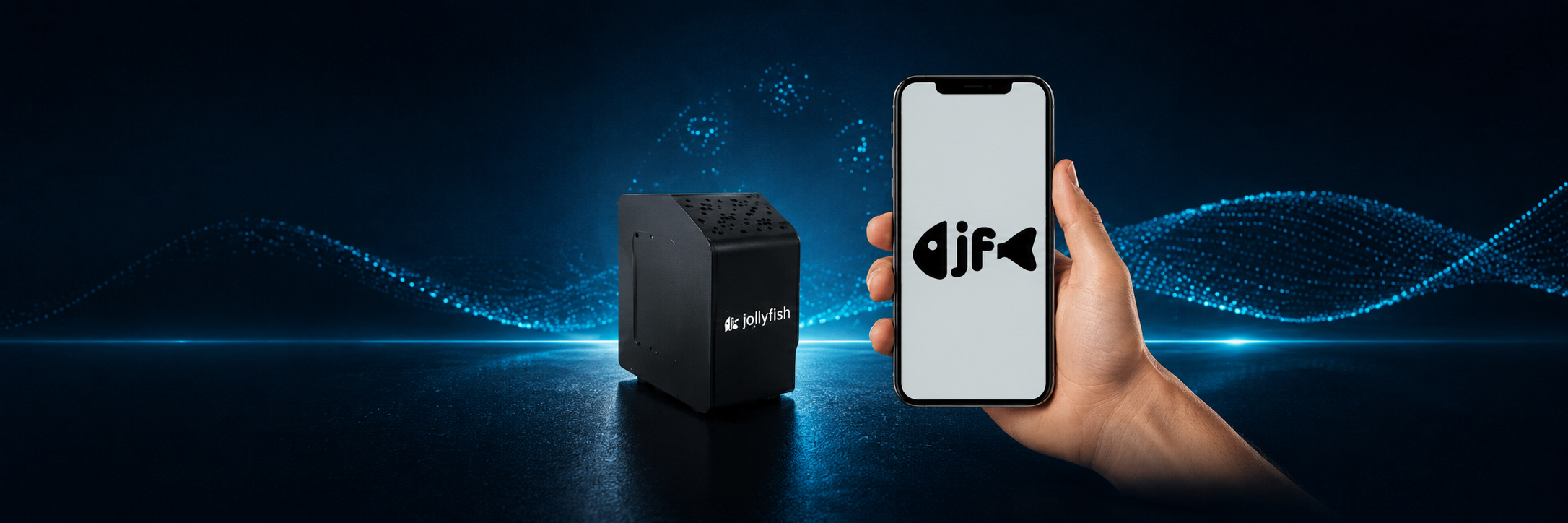 A person's hand holding a smartphone with a fish-shaped logo displayed on the screen, next to a small black device with the "jollyfish" logo, against a digital blue wave background.