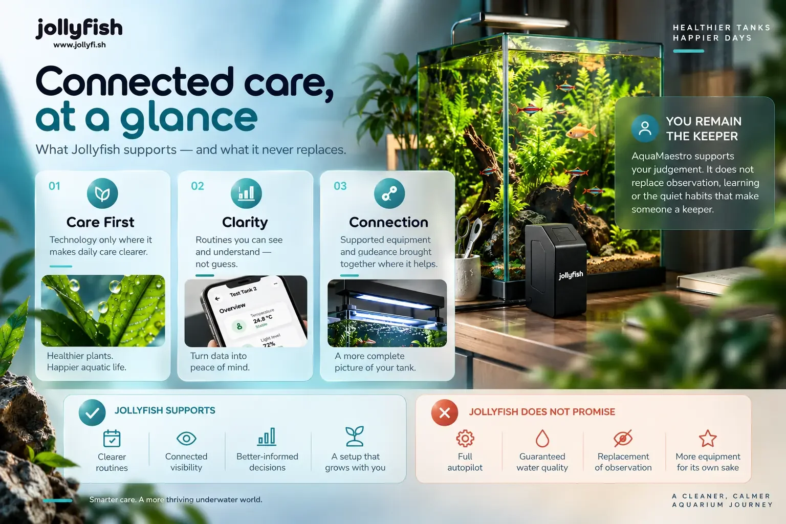 Jollyfish Connected Care infographic highlighting AquaMaestro smart aquarium controller beside a planted tank, explaining core principles of Care First, Clarity, Connection, and keeper judgment.