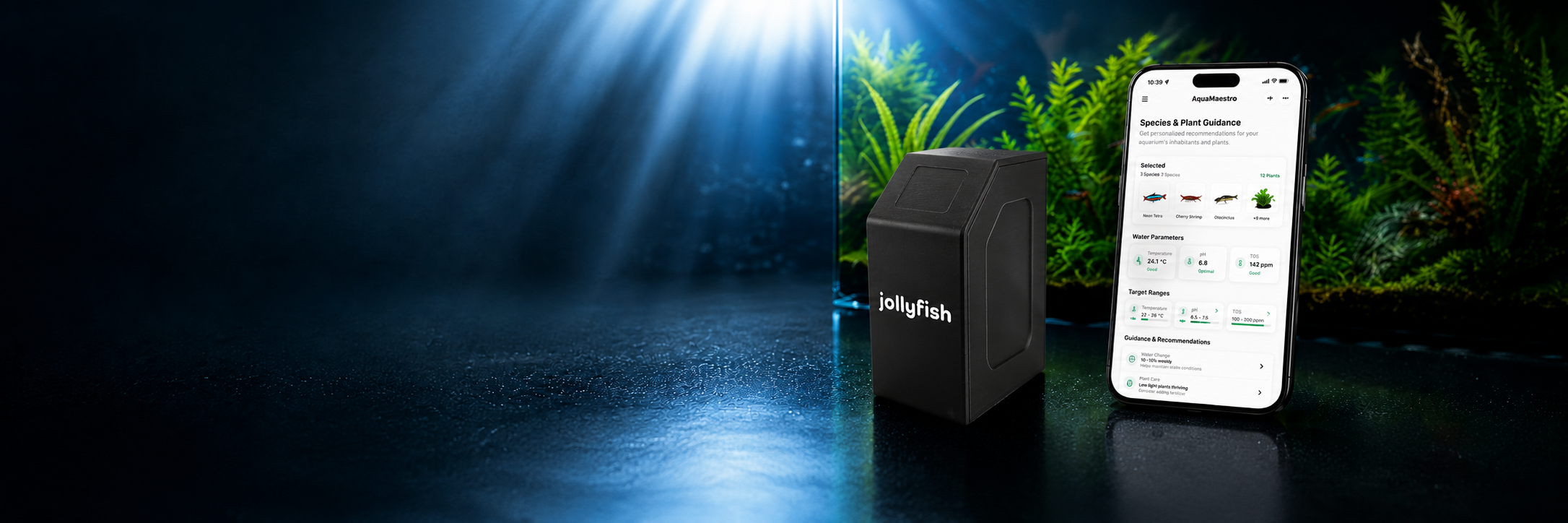 Smart aquarium device and app interface showing water parameters and plant guidance.