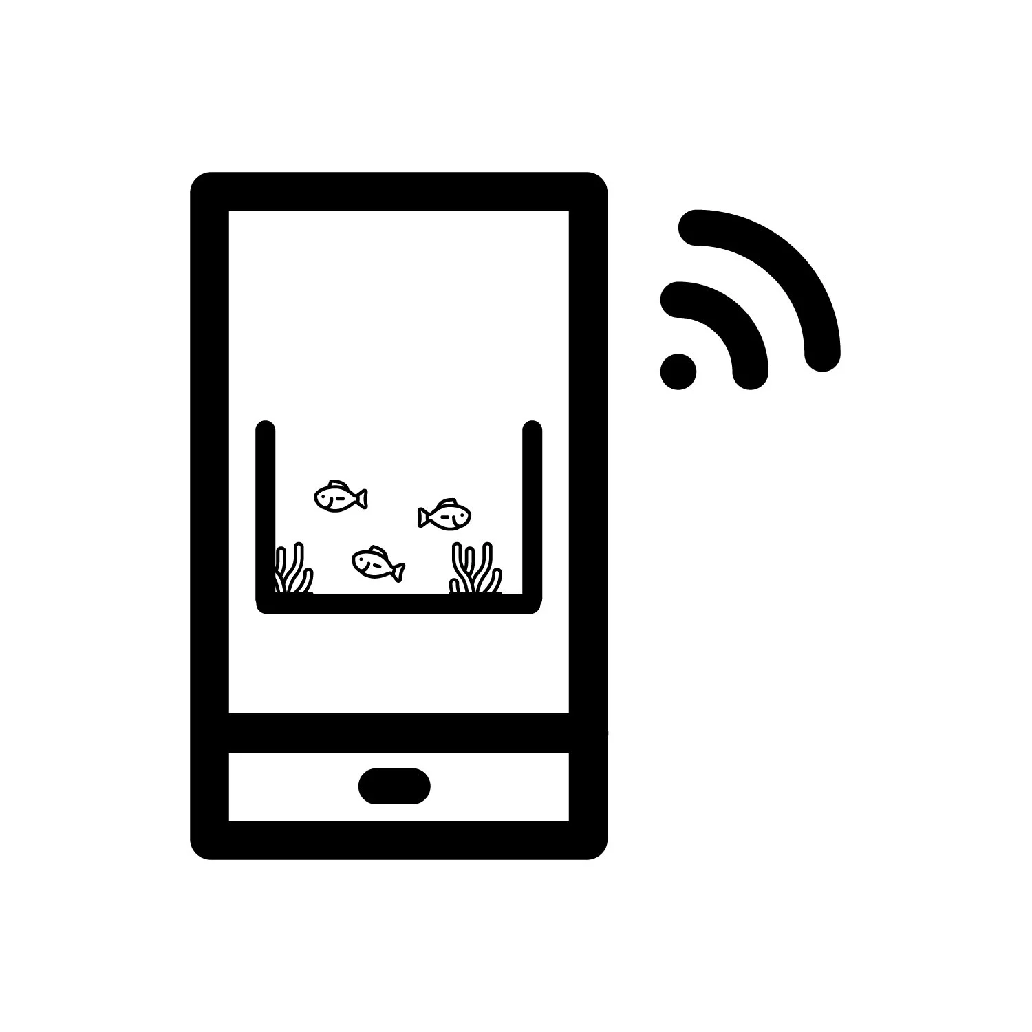 Outline of a smartphone with a fish tank on the screen containing three fish and aquatic plants, and a Wi-Fi signal icon to the right.